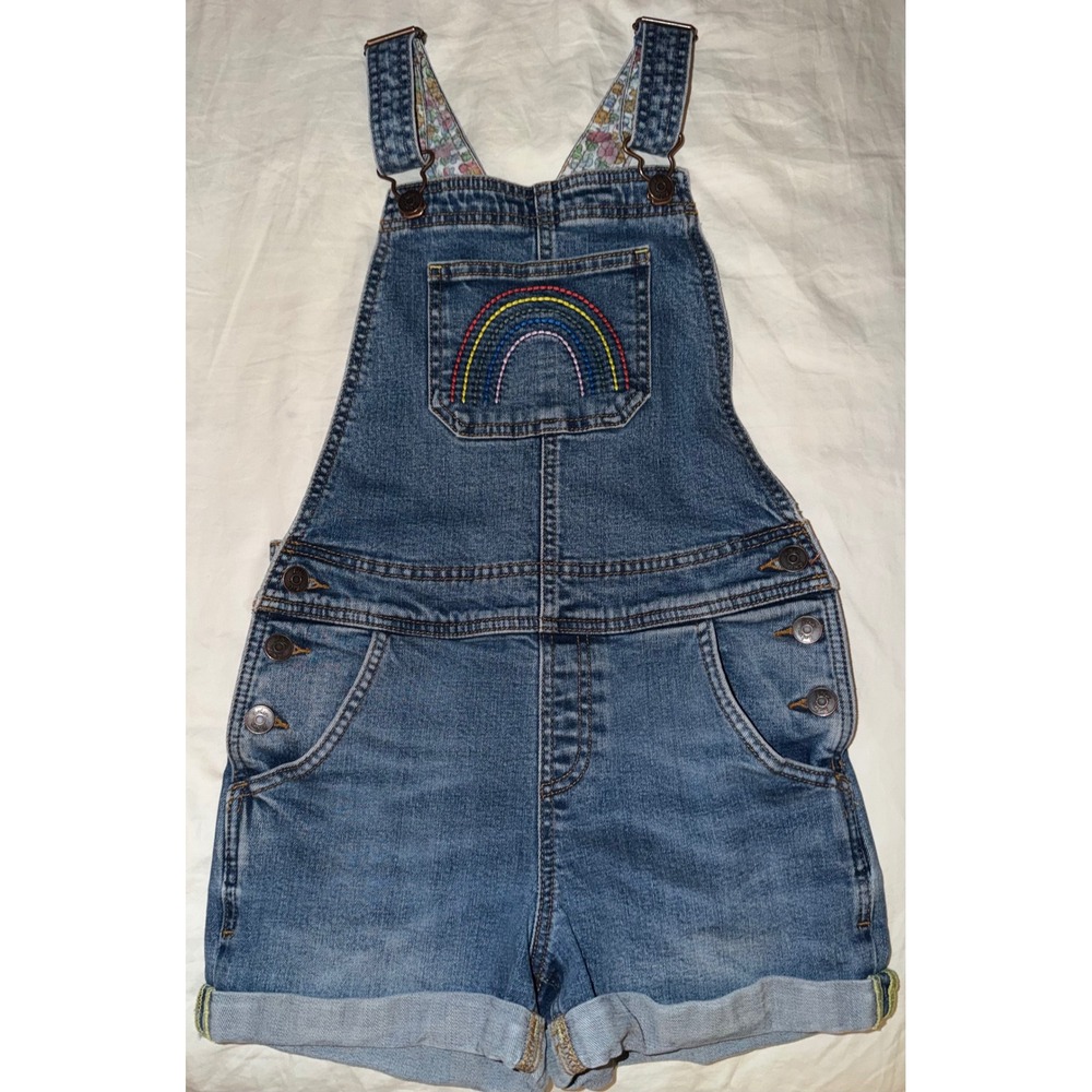 Mini Boden Girls Denim Shortalls Rainbow Embroidered Floral Lining Blue 9-10